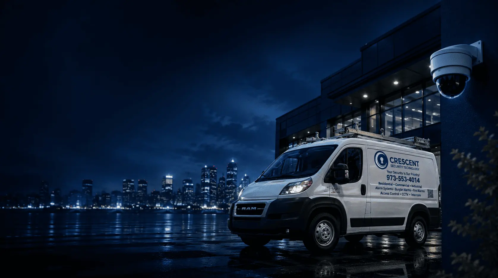 Crescent Security Technology service van parked at night beside a commercial building fitted with a dome security camera